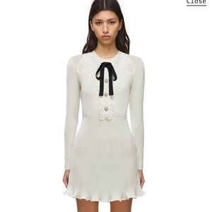 Self-Portrait Lace Collar Ivory Lurex Knit Dress